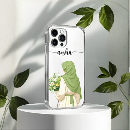 Hijab Girl Holding Flower Custom Name Transparent Silicone Phone Case Design 3